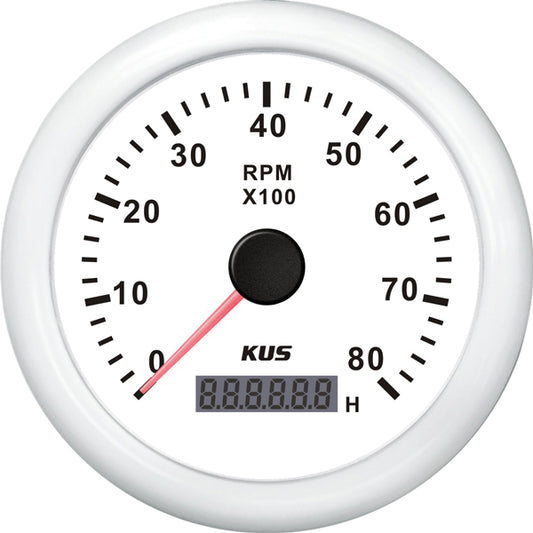 Kus Varvräknare bensin 0-8000rpm m. timräkn. vit 12/24v ø85